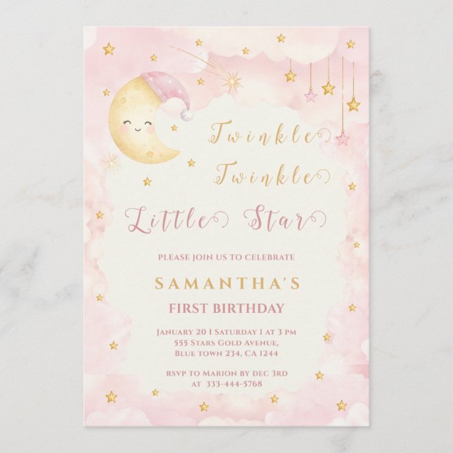Twinkle Twinkle Little Star Första Födelsedag Rosa Inbjudningar (Framsida)