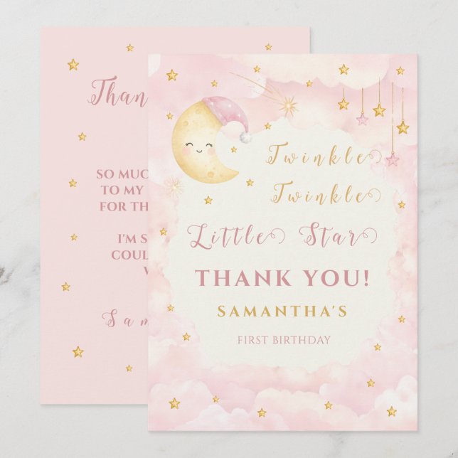 Twinkle Twinkle Little Star Första Födelsedag Rosa Tack Kort (Fram/baksida)