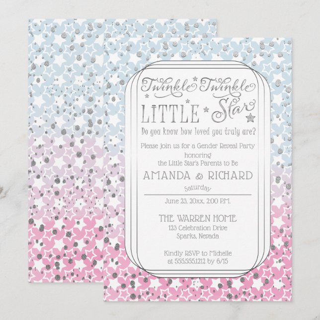 Twinkle Twinkle Little Star Gender Reveal Party Inbjudningar (Fram/baksida)