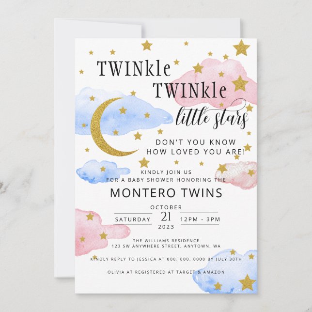 TWINkle TWINkle Little Star Gender Reveal Party Inbjudningar (Framsida)
