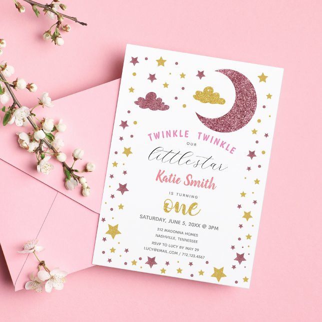Twinkle Twinkle Little Star Glitter Första födelse Inbjudningar (Skapare uppladdad)