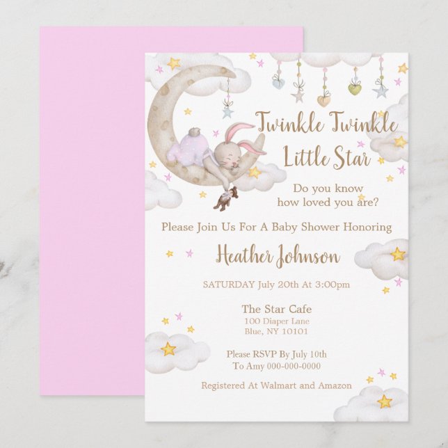 Twinkle Twinkle Little Star Kanin Baby Shower Inbjudningar (Fram/baksida)