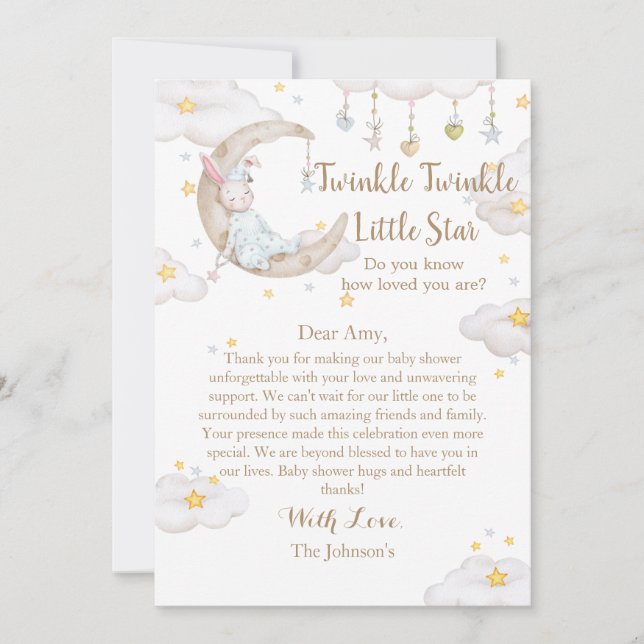 Twinkle Twinkle Little Star Kanin Baby Shower Tack Kort (Framsida)