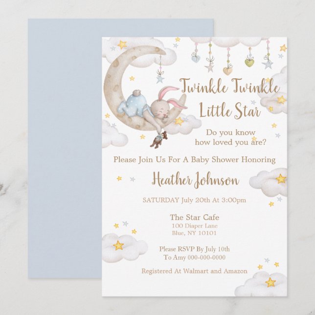 Twinkle Twinkle Little Star Kanin Bebis Shower Inbjudningar (Fram/baksida)