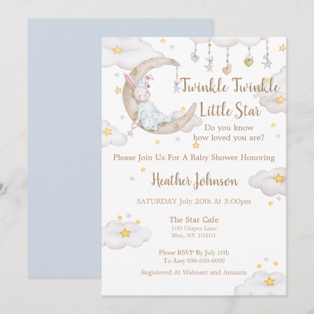 Twinkle Twinkle Little Star Kanin Bebisdopp Inbjudningar (Fram/baksida)