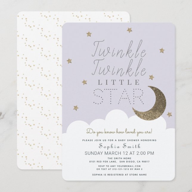 Twinkle Twinkle Little Star Lilac Baby Shower Inbjudningar (Fram/baksida)