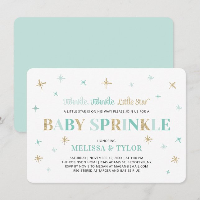 Twinkle Twinkle Little Star Mint Pojke Baby Sprink Inbjudningar (Fram/baksida)