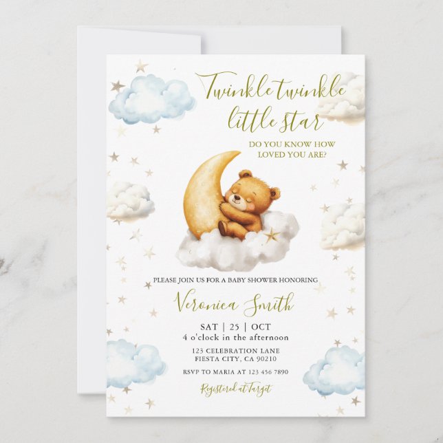 Twinkle Twinkle Little Star Moon Bear Baby Shower Inbjudningar (Framsida)