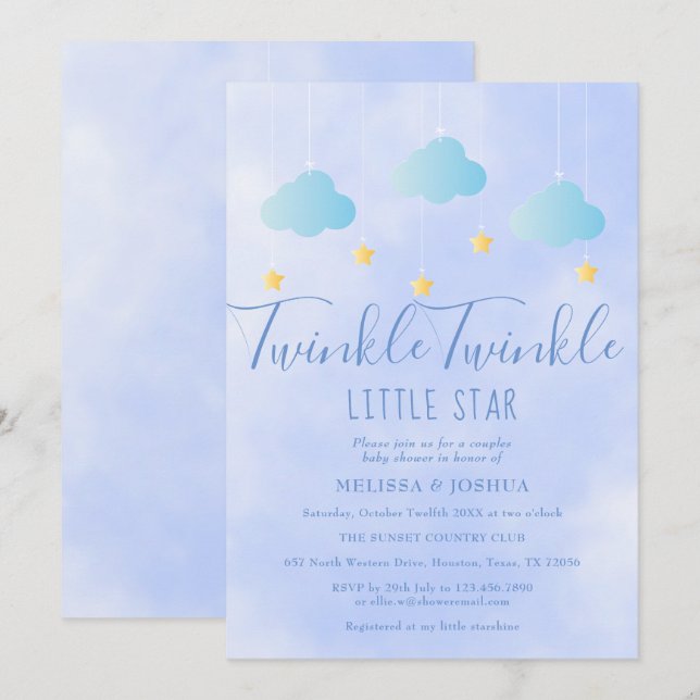 Twinkle Twinkle Little Star Pojken Blå Barnkalas Inbjudningar (Fram/baksida)