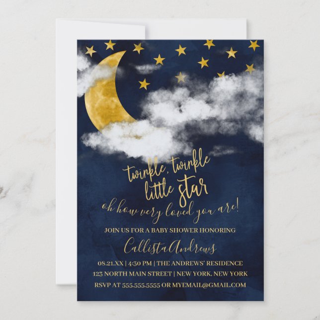 Twinkle Twinkle Little Star Quote Måne Baby Shower Inbjudningar (Framsida)
