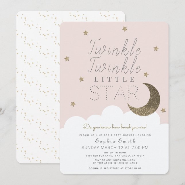 Twinkle Twinkle Little Star  Rosa Baby Shower Inbjudningar (Fram/baksida)