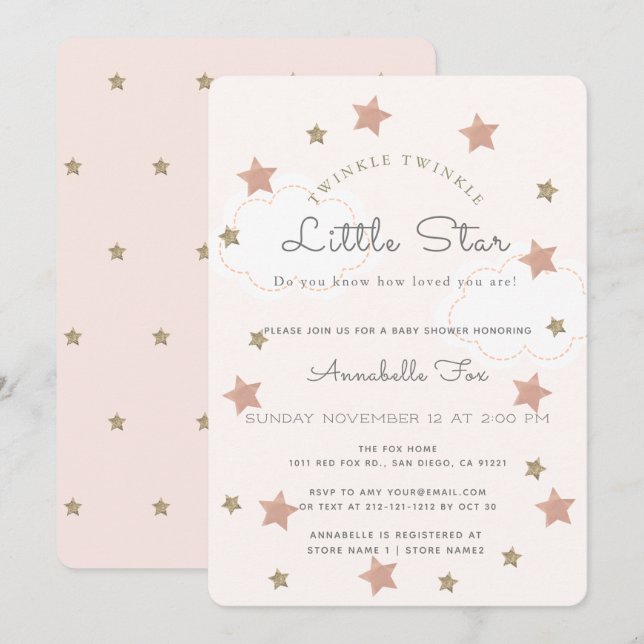 Twinkle Twinkle Little Star Rosa Baby Shower Inbjudningar (Fram/baksida)