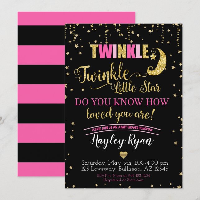 Twinkle Twinkle Little Star Rosa Black Baby Shower Inbjudningar (Fram/baksida)