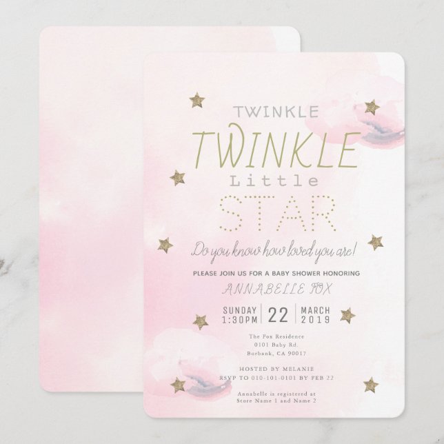 Twinkle Twinkle Little Star Rosa Girl Baby Shower Inbjudningar (Fram/baksida)