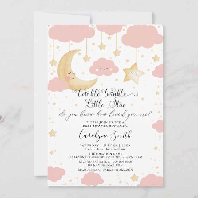 Twinkle Twinkle Little Star Rosa Girl Baby Shower Inbjudningar (Framsida)