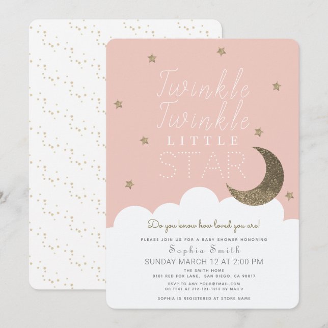 Twinkle Twinkle Little Star Rosa Girl Baby Shower Inbjudningar (Fram/baksida)