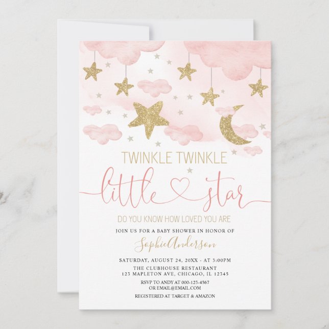  Twinkle Twinkle Little Star Rosa Guld Baby Shower Inbjudningar (Framsida)