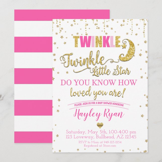 Twinkle Twinkle Little Star Rosa Guld Baby Shower Inbjudningar (Fram/baksida)