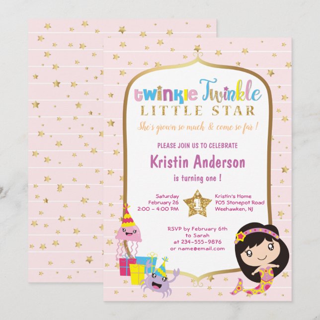 Twinkle Twinkle Little Star Rosa Sjöjungfru Birthd Inbjudningar (Fram/baksida)