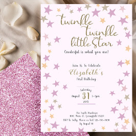 Twinkle Twinkle Little Star Rosa Tjej 1-års födels Inbjudningar