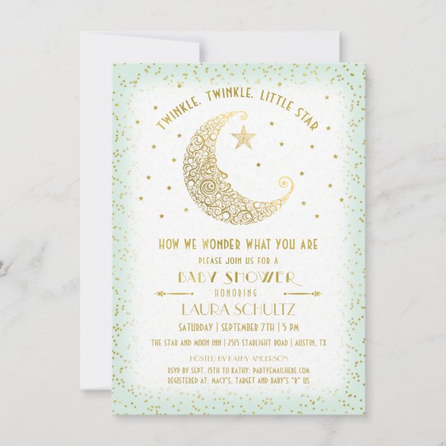 Twinkle Twinkle Little Star Shower Guld/Mint Inbjudningar (Framsida)