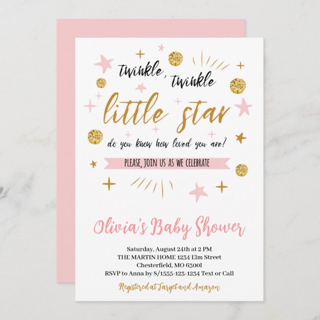 Twinkle Twinkle Little Star Shower, Guld Rosa Inbjudningar (Fram/baksida)