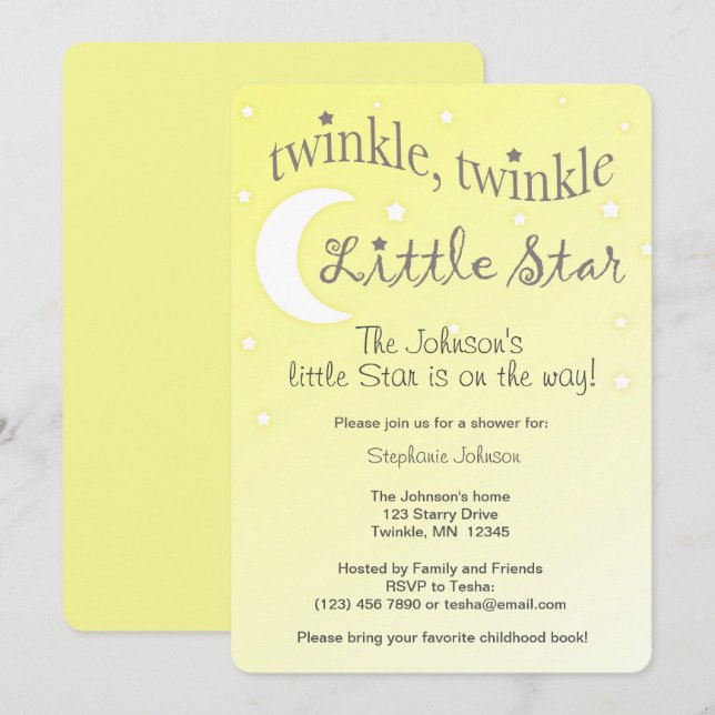 Twinkle Twinkle Little star soft gult inbjudan (Fram/baksida)