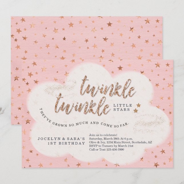 Twinkle Twinkle Little Star Twin Girl Första födel Inbjudningar (Fram/baksida)