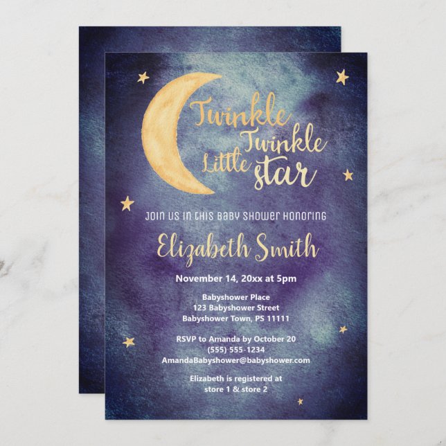 Twinkle Twinkle little star watercolor babyshower Inbjudningar (Fram/baksida)