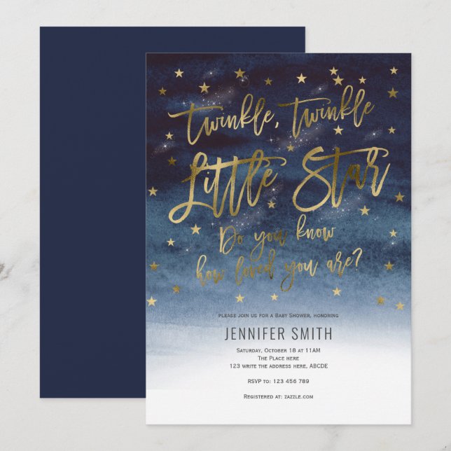 Twinkle Twinkle Little Stars, Baby Shower Inbjudningar (Fram/baksida)