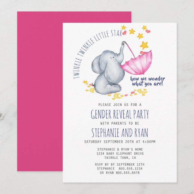 Twinkle Twinkle Navy Rosa Elephant Gender Reveal Inbjudningar (Fram/baksida)