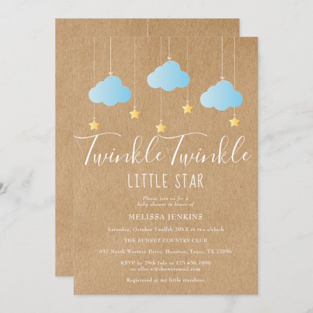 Twinkle Twinkle Pojke Shower / Sprinkle Rustic Inbjudningar (Fram/baksida)