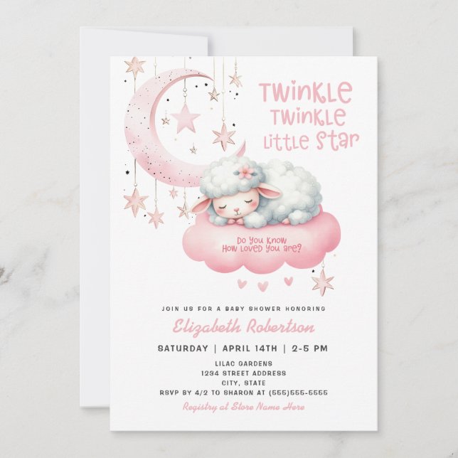 Twinkle Twinkle Rosa Lamb Girls Baby Shower Inbjudningar (Framsida)