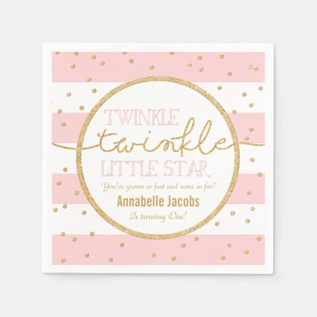 Twinkle Twinkle Rosa och Guld Birthday Napkin Pappersservett (Framsidan)