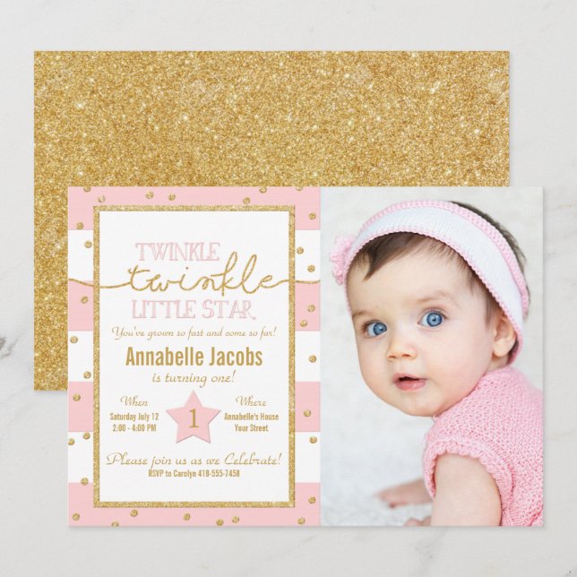 Twinkle Twinkle Rosa och Guld Birthday Photo Inbjudningar (Fram/baksida)