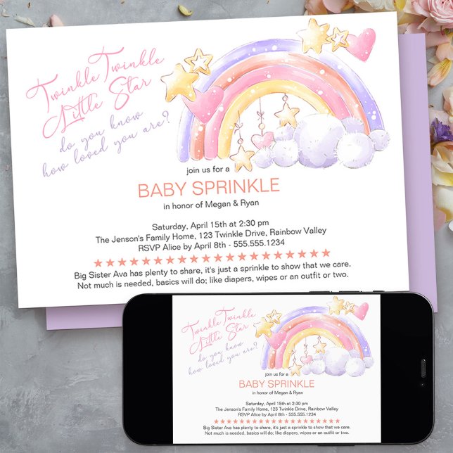 Twinkle Twinkle Söt Rainbow Baby Sprinkle Inbjudningar (twinkle twinkle little star baby sprinkle invitation - message me to create additional templates)