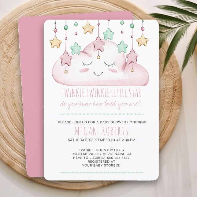 Twinkle Twinkle Stars och Cloud Girl Baby Shower Inbjudningar (Pink Baby Shower Invitation from my Twinkle Twinkle baby shower collection)