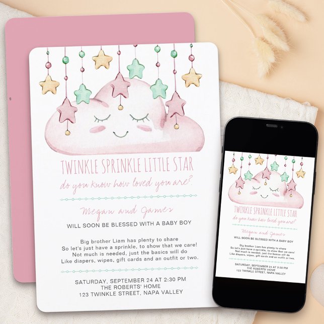 Twinkle Twinkle Stjärnor och Moln Flicka Baby Spri Inbjudningar (Twinkle twinkle little star baby sprinkle invitation for a baby girl)