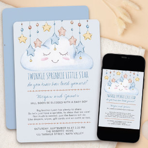 Twinkle Twinkle Stjärnor och Moln Pojke Baby Sprin Inbjudningar