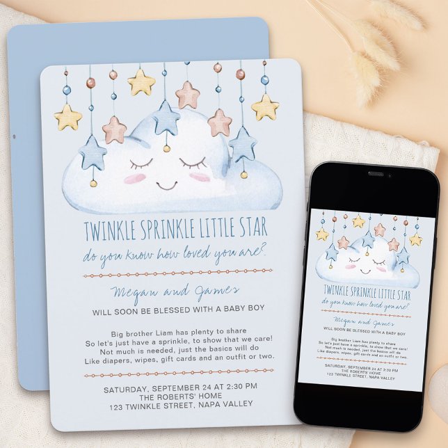 Twinkle Twinkle Stjärnor och Moln Pojke Baby Sprin Inbjudningar (Twinkle twinkle little star baby sprinkle invitation for a baby boy)