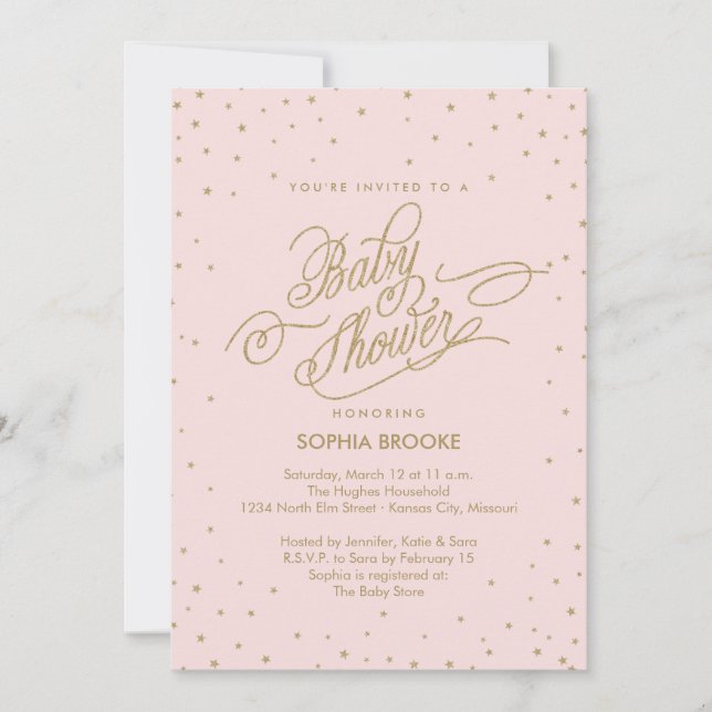 Twinkly Guld Stars Finare Rosa Baby Shower Inbjuda Inbjudningar (Framsida)