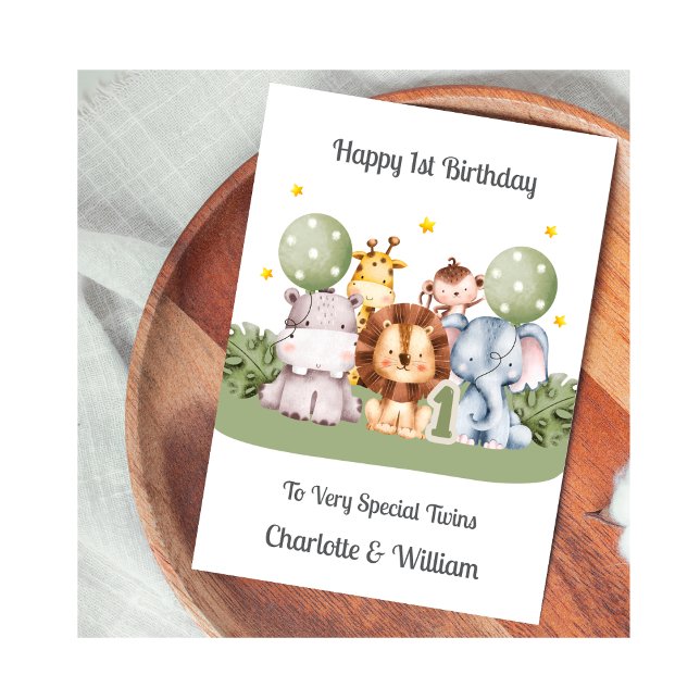 Twins 1st Birthday Safari Leaf Animals Card Kort (Skapare uppladdad)