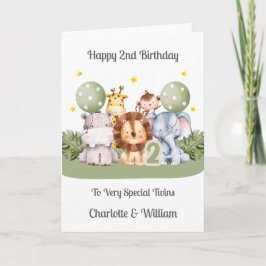 Twins 2nd Birthday Safari Leaf Animals Card Kort