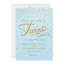TWINS Baby Shower Ljusblå & Guldprickad Inbjudan