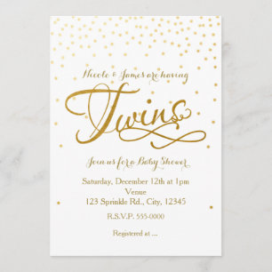 TWINS Baby Shower Unisex Vit & Guld Inbjudan