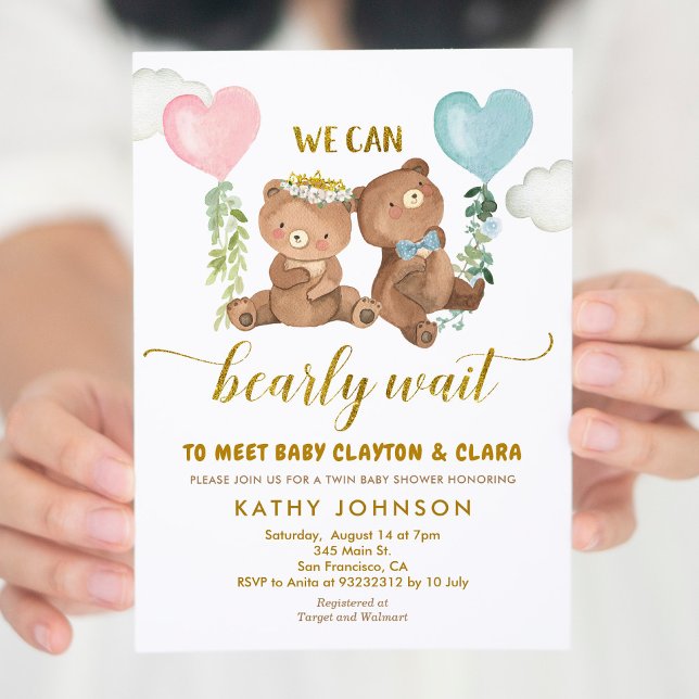 Twins Bear Balloon Baby Shower Invitation Inbjudningar (Skapare uppladdad)