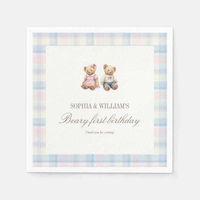 Twins Beary First Birthday Napkins | Pink Blue Pappersservett (Framsidan)