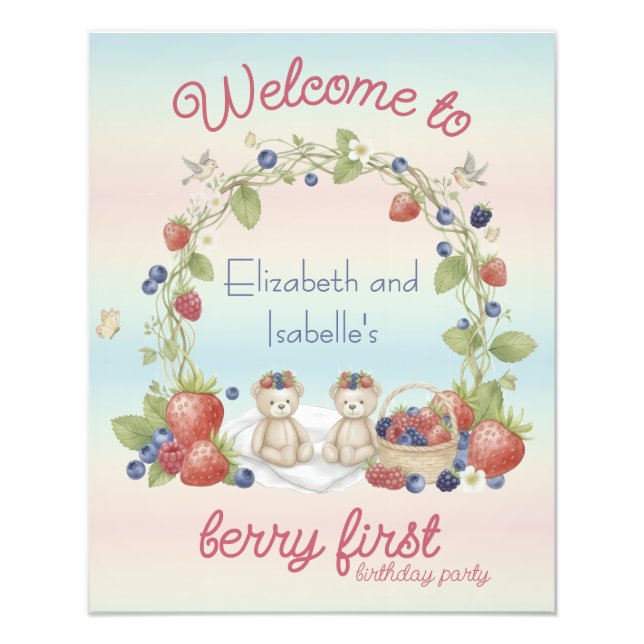 Twins Berry First 1st Birthday Party Poster (Framsidan)