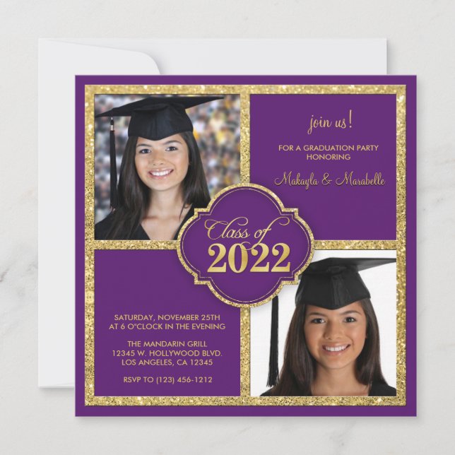 Twins Elegant Black & Purple Glitter Class of 2022 Inbjudningar (Framsida)