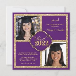 Twins Elegant Black & Purple Glitter Class of 2022 Inbjudningar